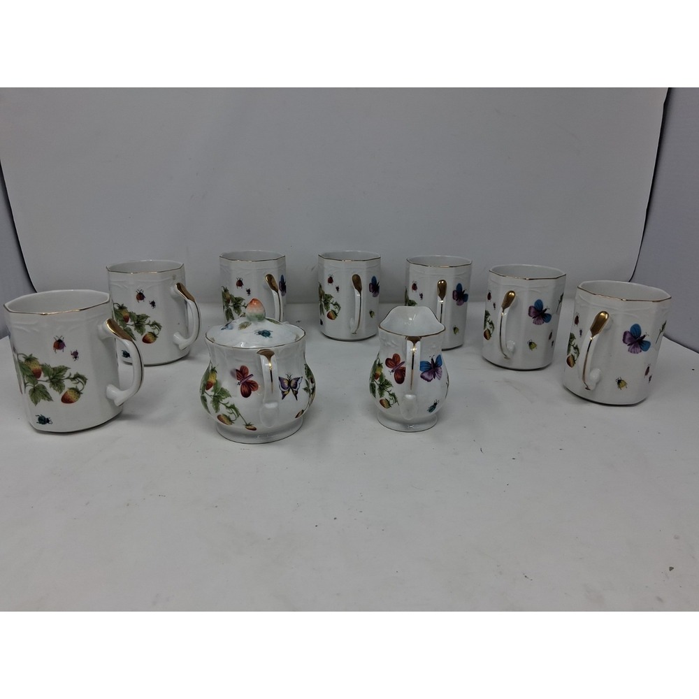 Set Ardalt Japan Cream&Covered Sugar set with 7cups Buttcmerflies&Strawberries A